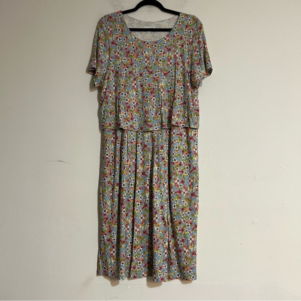 J. Jill Jersey Knit Stretch Floral Print Short Sleeve Knee Length Dress Large